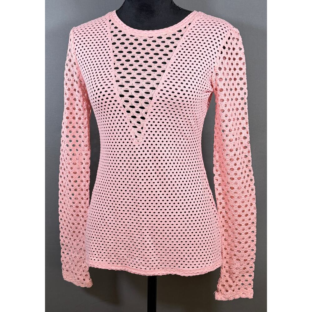 BCBG Max Azria Elain Perforated Knit Top Whisper Pink Long Sleeve Fitted Size M